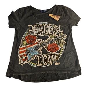Peace N Love Guitar Rhinestone Graphic Tshirt Rock & Roll Guns and Roses Style